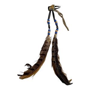 Vintage Handcrafted Feather Hair Clip Beaded Accents & Leather Ties Boho Style